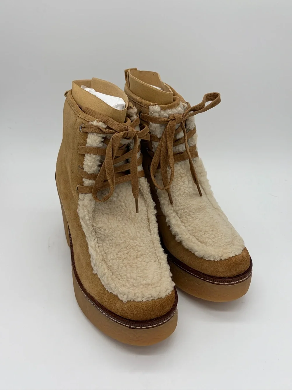 Sam Edelman Tan Suede Shearling Platform Ankle Boots